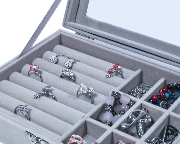 Schmucktablett Schmucklade Schmuckkästchen mit Glasdeckel grau für Ring + 9 Fächer